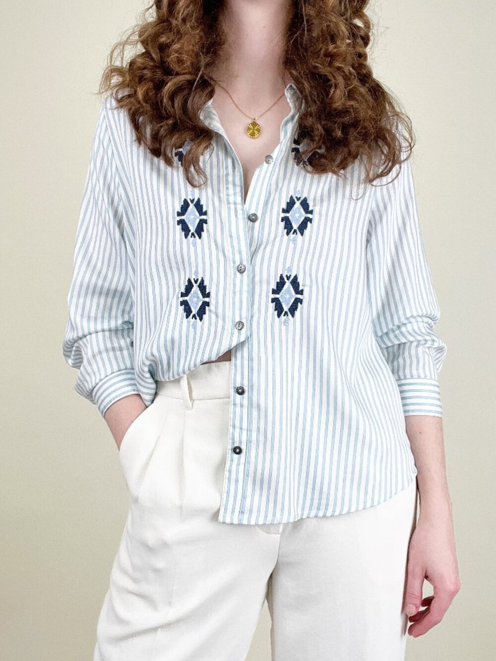 Handmade Cross Stitched Button Up Blouse Top Shirt Western Boho Coastal Cowgirl